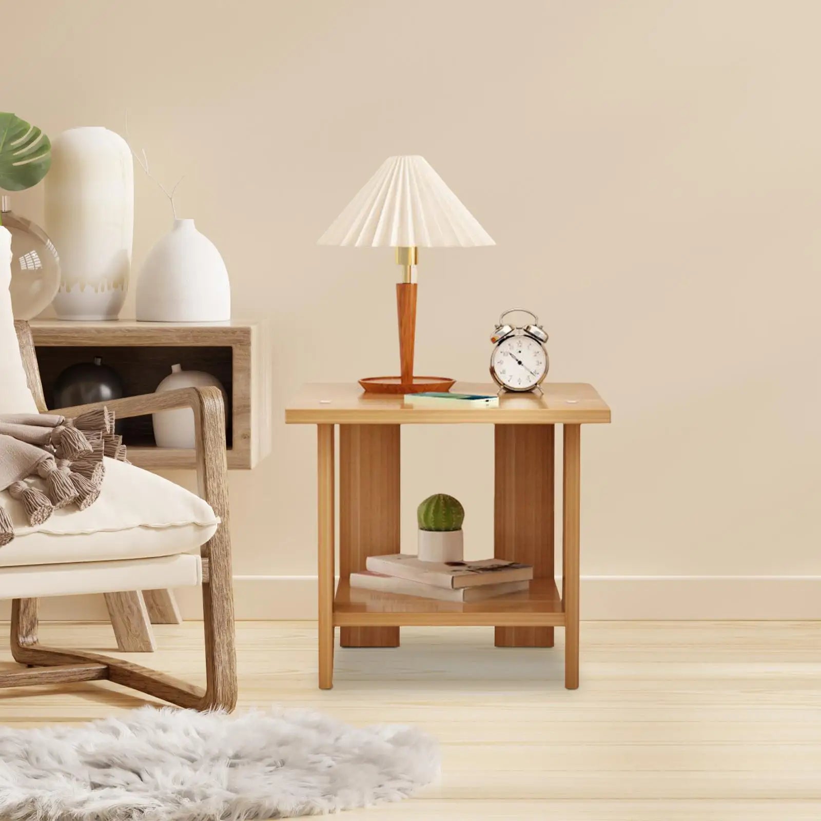 Simple Wooden Bedside Table – Double-Layer Nightstand for Home