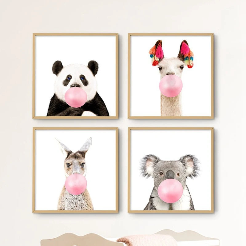 Safari Animals Canvas Art – Pink Bubble Nursery Wall Decor