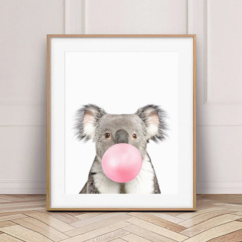 Safari Animals Canvas Art – Pink Bubble Nursery Wall Decor
