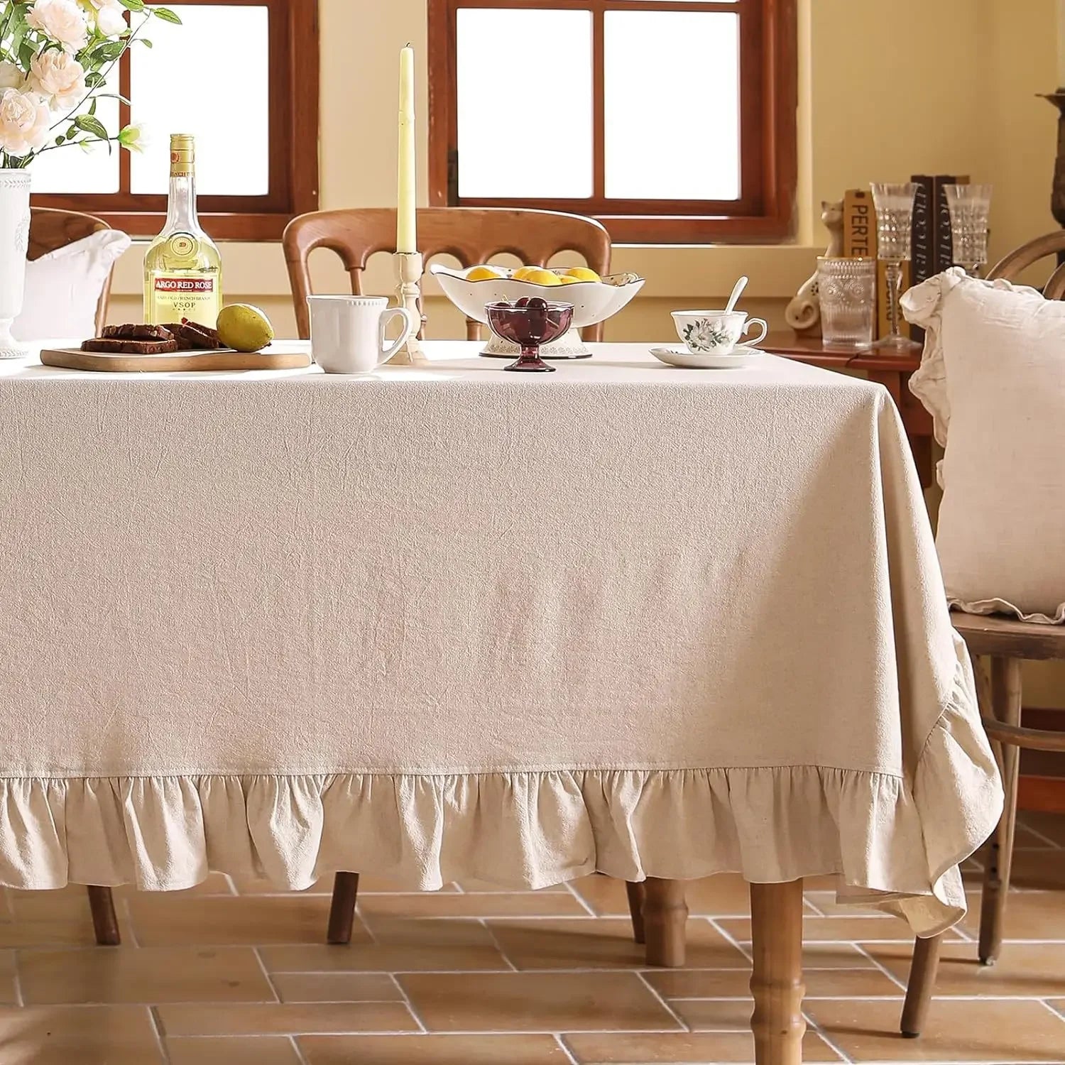 100% Cotton Washable Tablecloth – Elegant Flounce Stitching for Wedding, Party, Dining & Banquet Decoration