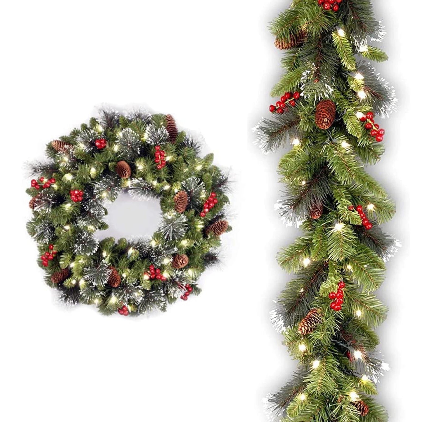 LED Pinecone Christmas Wreath – Artificial Wreath with Red Berries