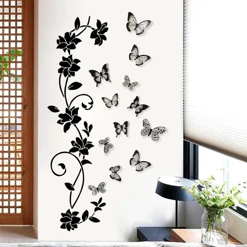 Black Flower & Butterfly 3D Wall Stickers – Removable Bedroom Decor