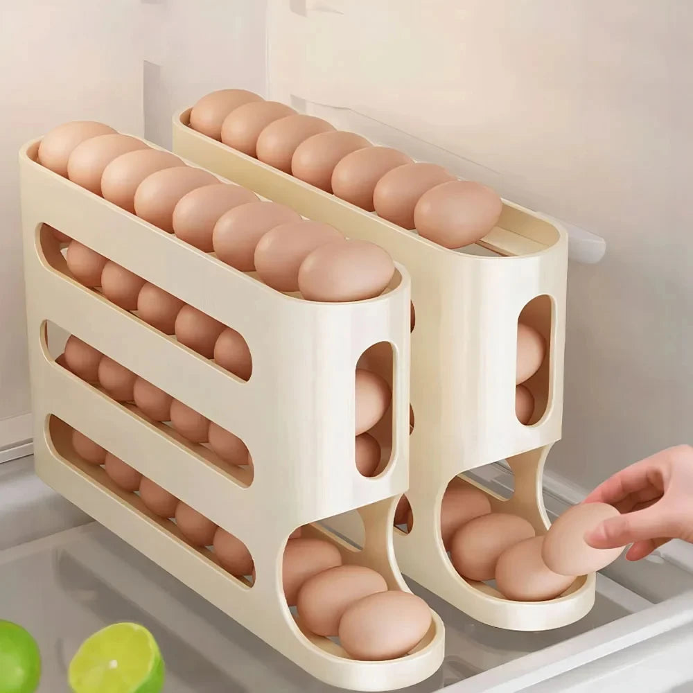 4-Layer Automatic Rolling Egg Holder – Fridge Storage Organizer