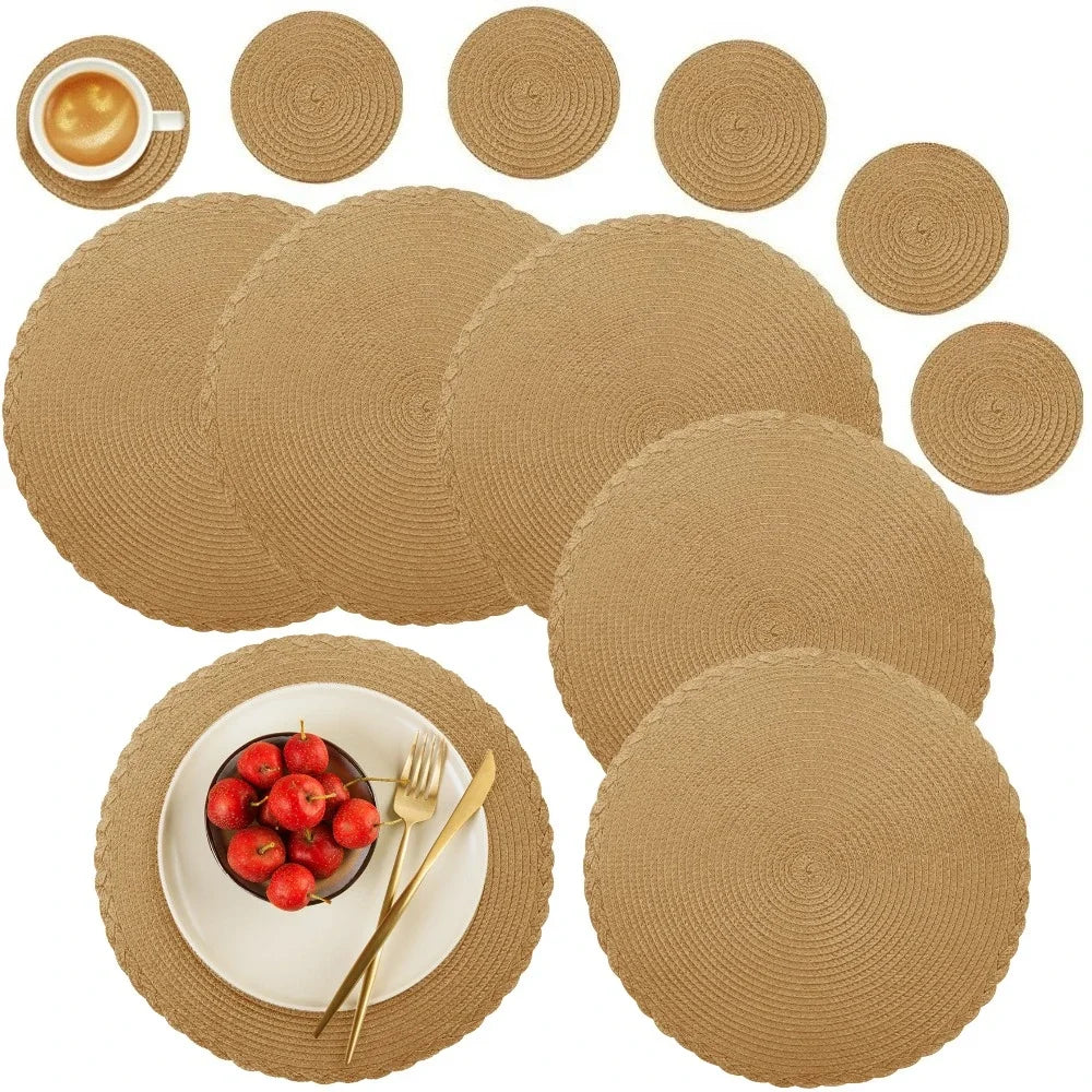 6PCS Round Table Mat & Coaster Set – Non-Slip Ramie Dining Placemats