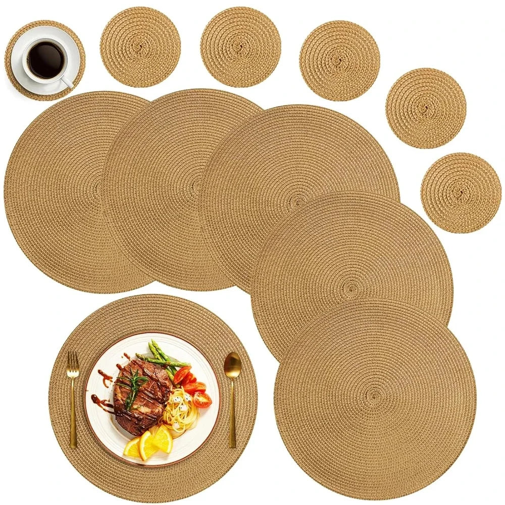 6PCS Round Table Mat & Coaster Set – Non-Slip Ramie Dining Placemats