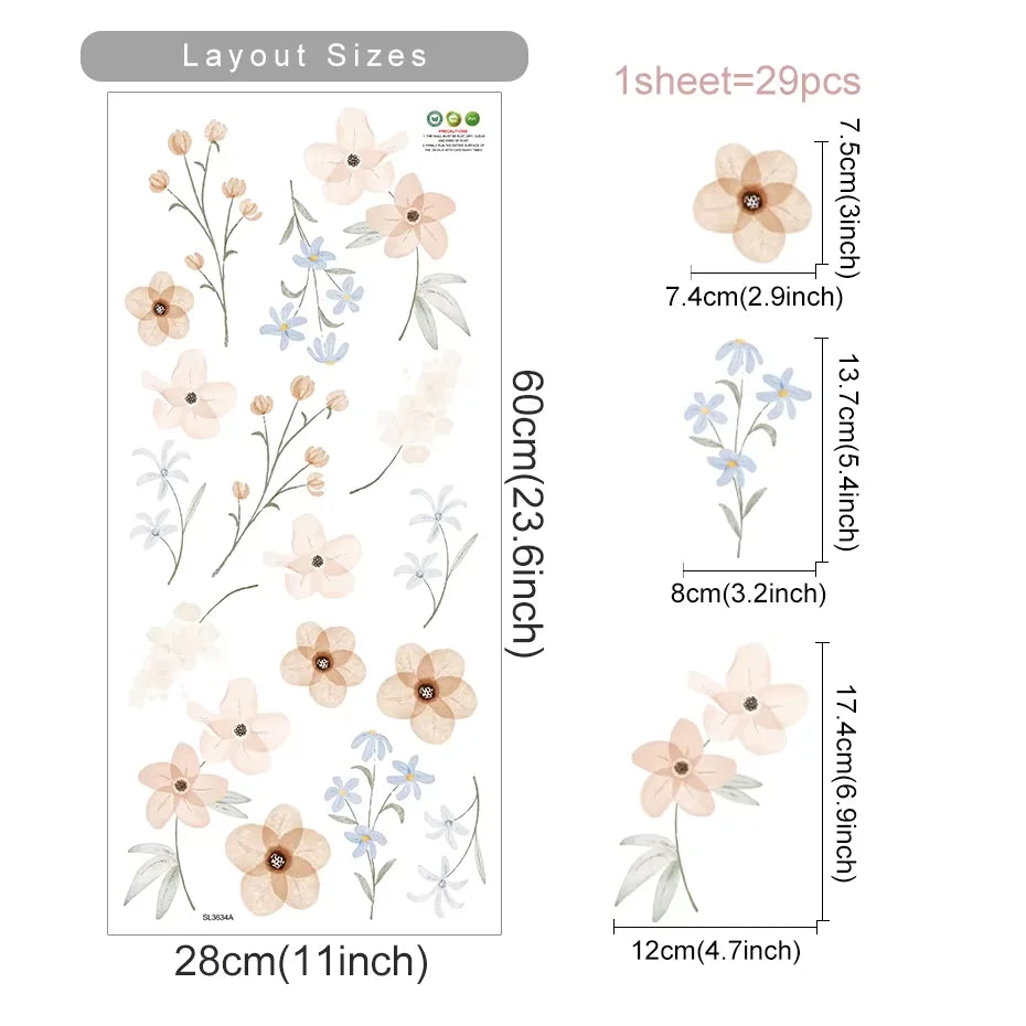 Boho Flower Wall Stickers Watercolor Removable Décor