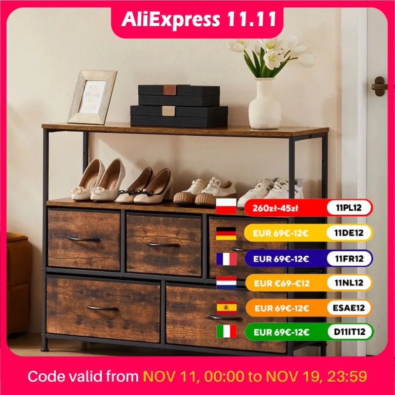 JHK Shoe Cabinet with 5 Fabric Drawers – Multilayer Storage & TV Stand