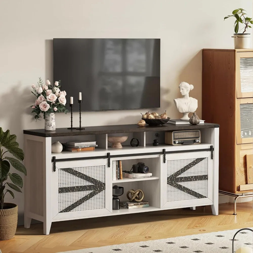 70" Rustic Farmhouse TV Stand – Sliding Barn Doors & 6-Drawer Media Console