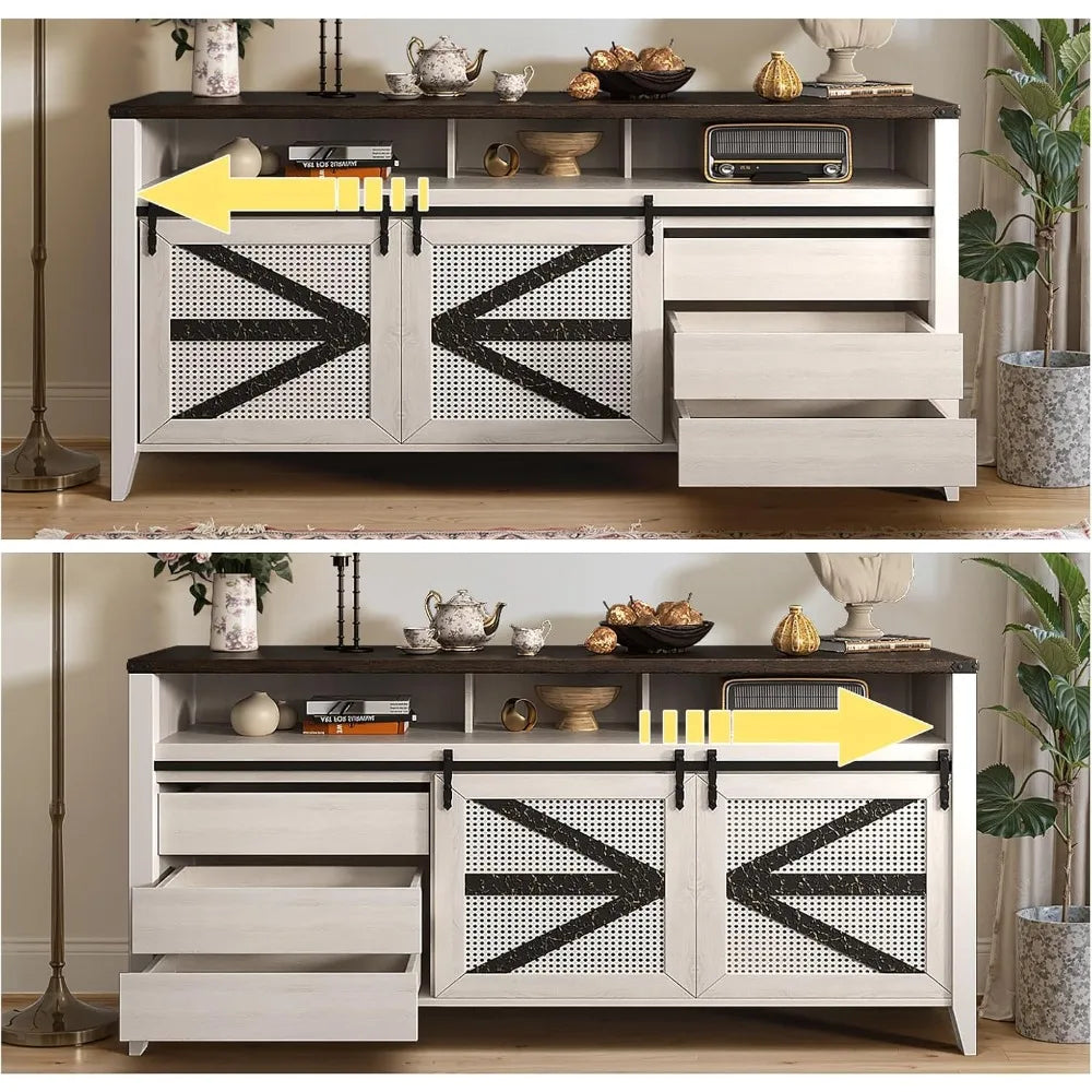 70" Rustic Farmhouse TV Stand – Sliding Barn Doors & 6-Drawer Media Console