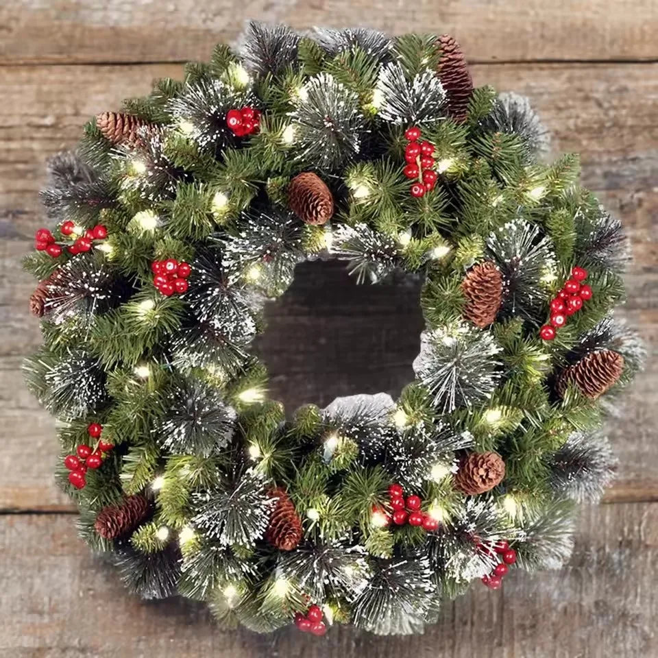 LED Pinecone Christmas Wreath – Artificial Wreath with Red Berries