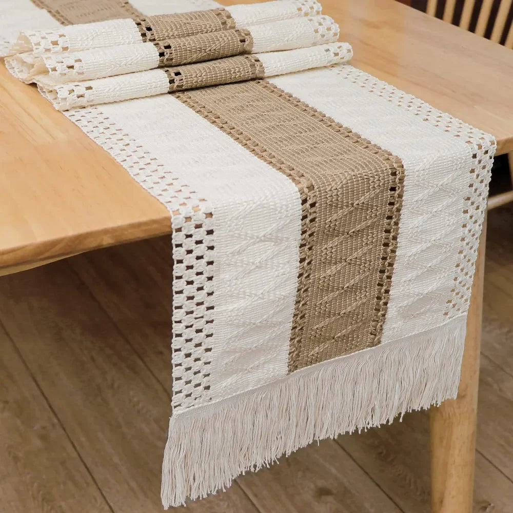 Boho Farmhouse Linen Table Runner – Rustic Macrame with Tassels