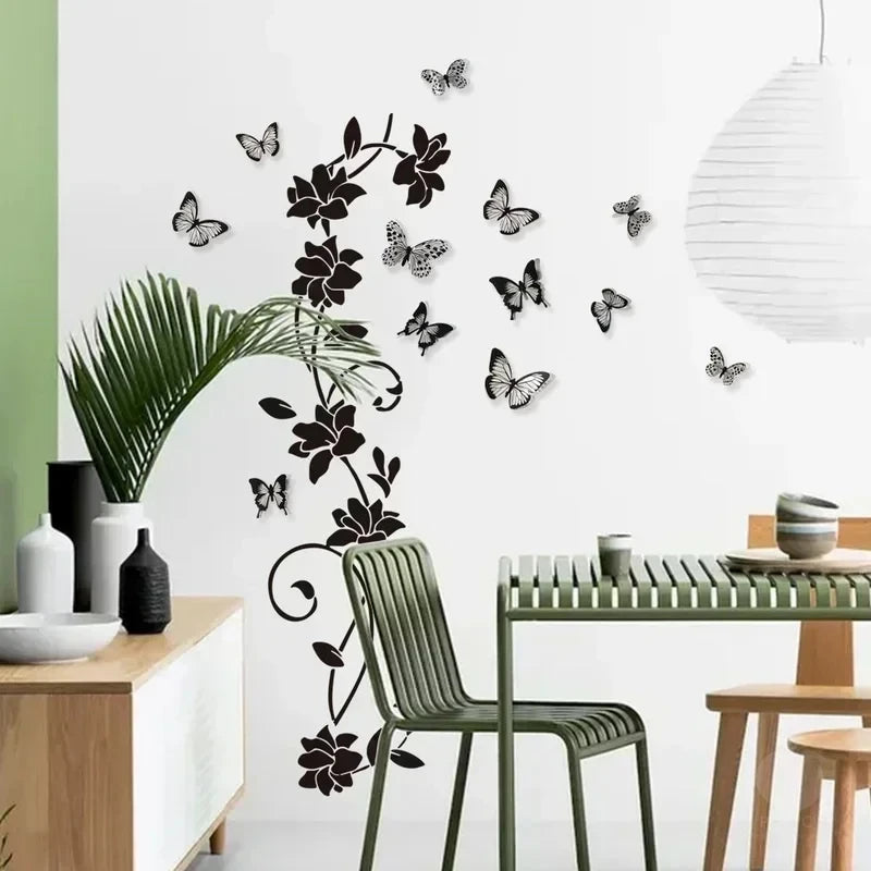 Black Flower & Butterfly 3D Wall Stickers – Removable Bedroom Decor