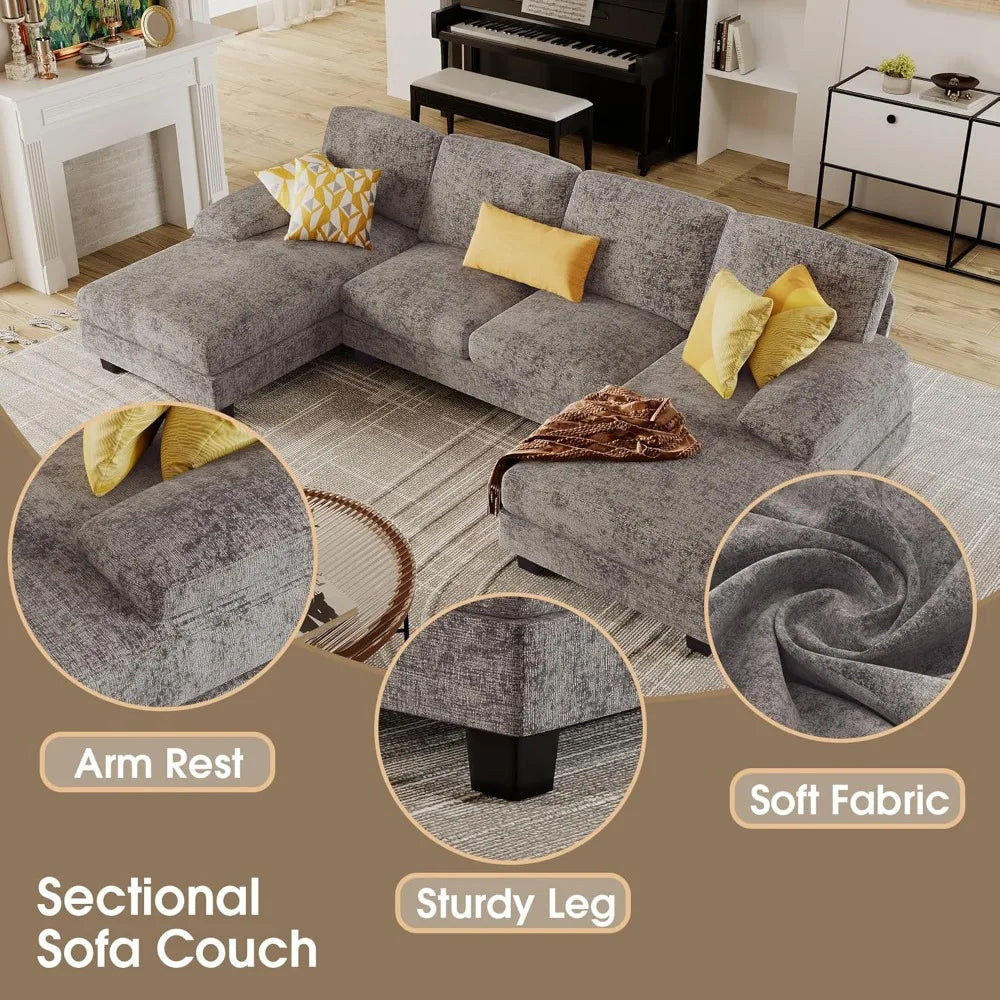 U-Shaped Linen Sectional Couch with Double Chaise