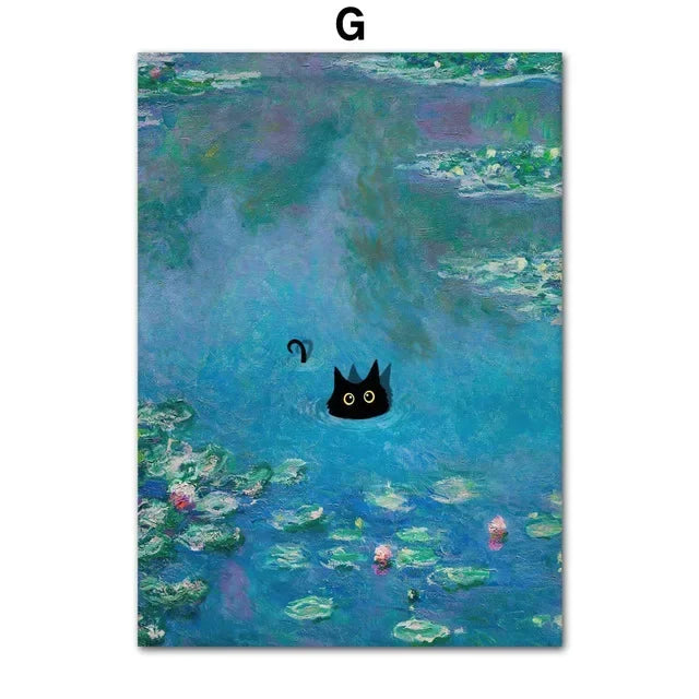 Black Cat Art Canvas Print Van Gogh Sunflowers Design