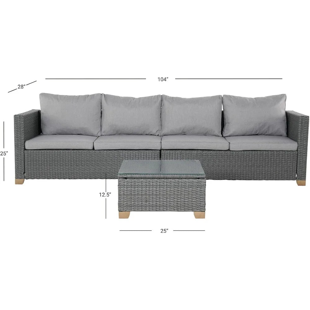 4-Piece Outdoor Wicker Patio Set – Modular Sofa with Glass Top Table