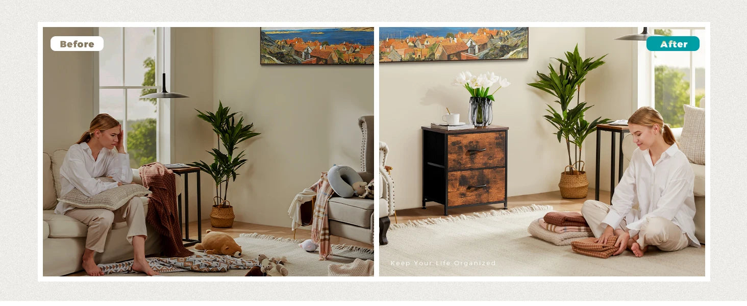 JHK Nightstand with 2 Fabric Drawers – Bedside & Coffee Table Storage Cabinet