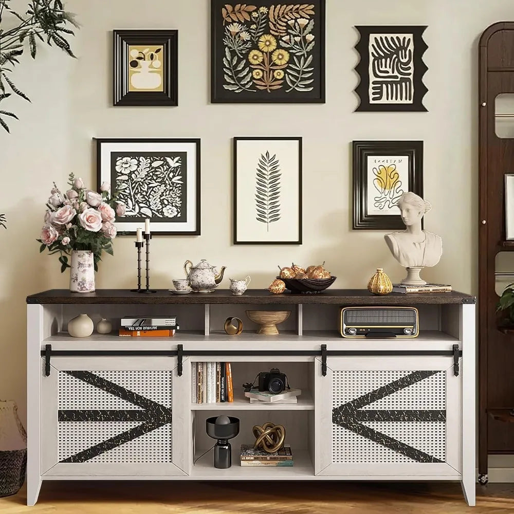 70" Rustic Farmhouse TV Stand – Sliding Barn Doors & 6-Drawer Media Console
