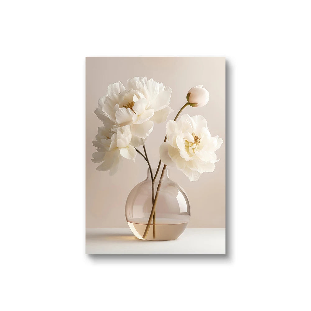 Nordic Beige Peony Canvas – Modern Floral Wall Art