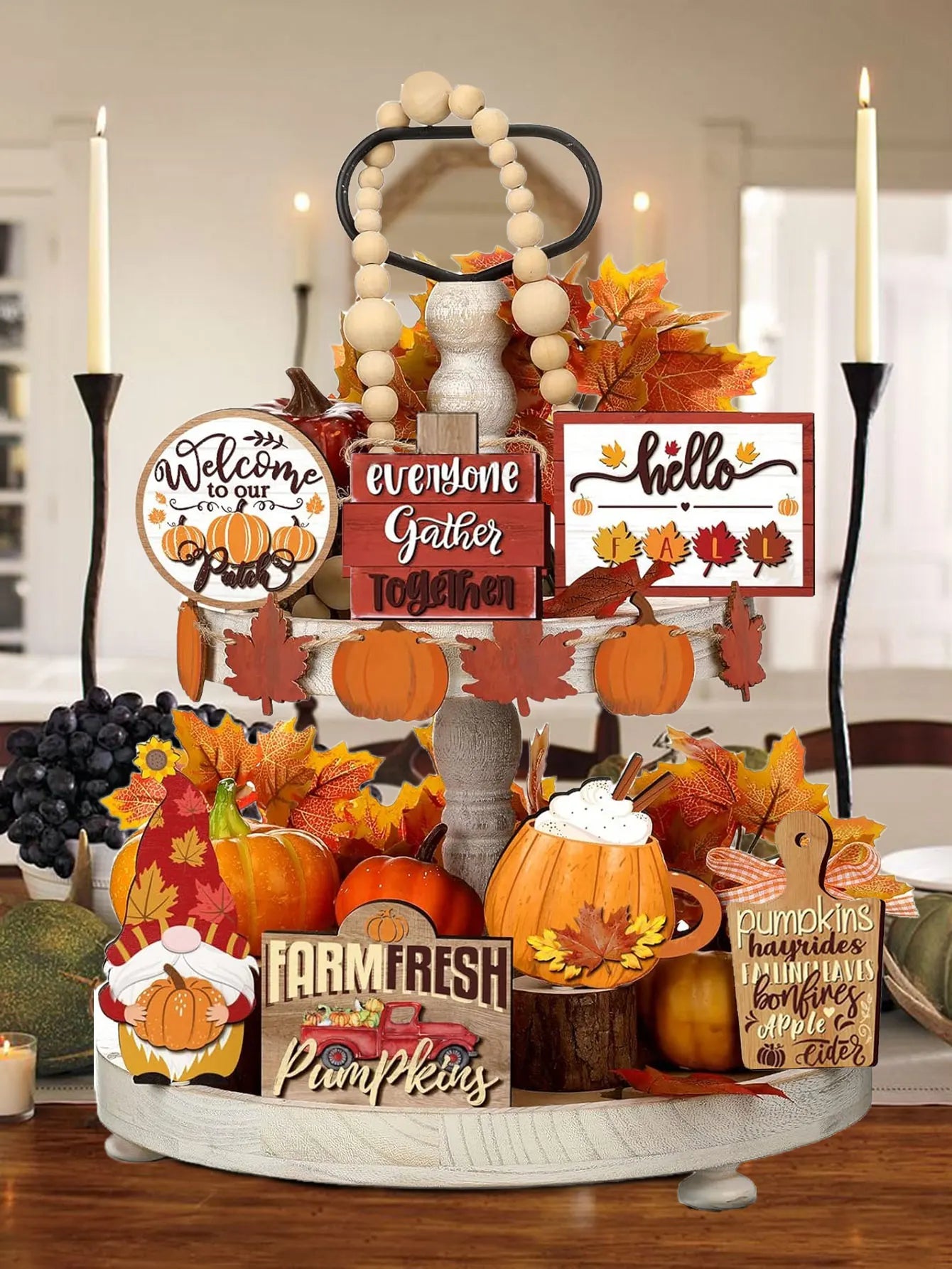 Fall Harvest Wooden Tiered Tray Decor – Farmhouse Autumn Centerpiece Set