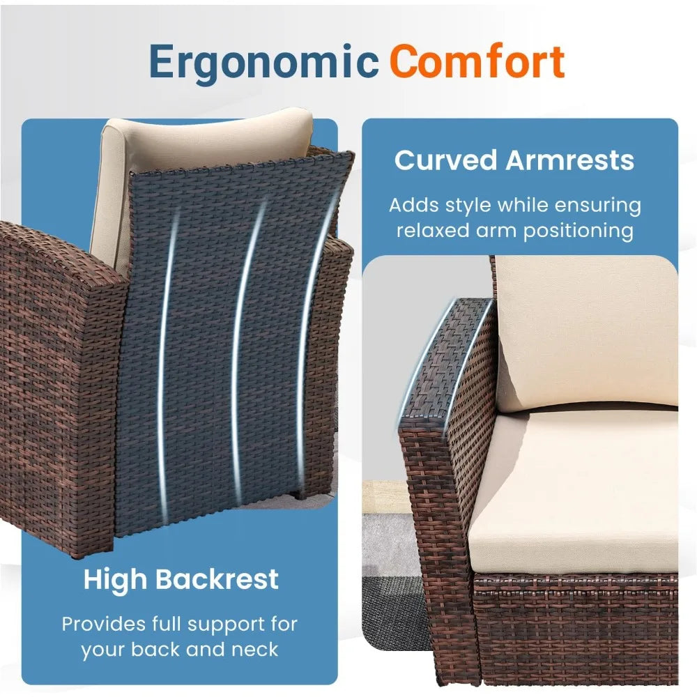 4-Piece Outdoor Wicker Patio Set – Brown Rattan Sofa with Cushions