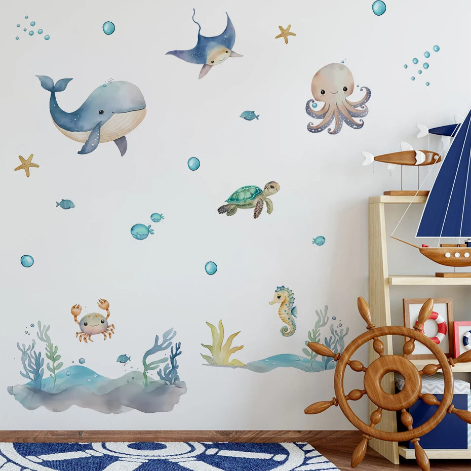 Watercolor Marine Animal Wall Stickers – Whale & Turtle Nursery Decals