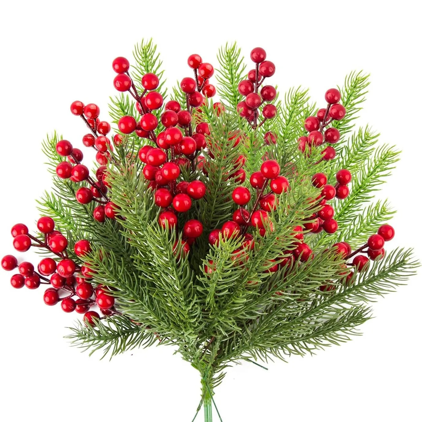 10PCS Artificial Pine Branches with Holly & Red Berries – Christmas Decorations