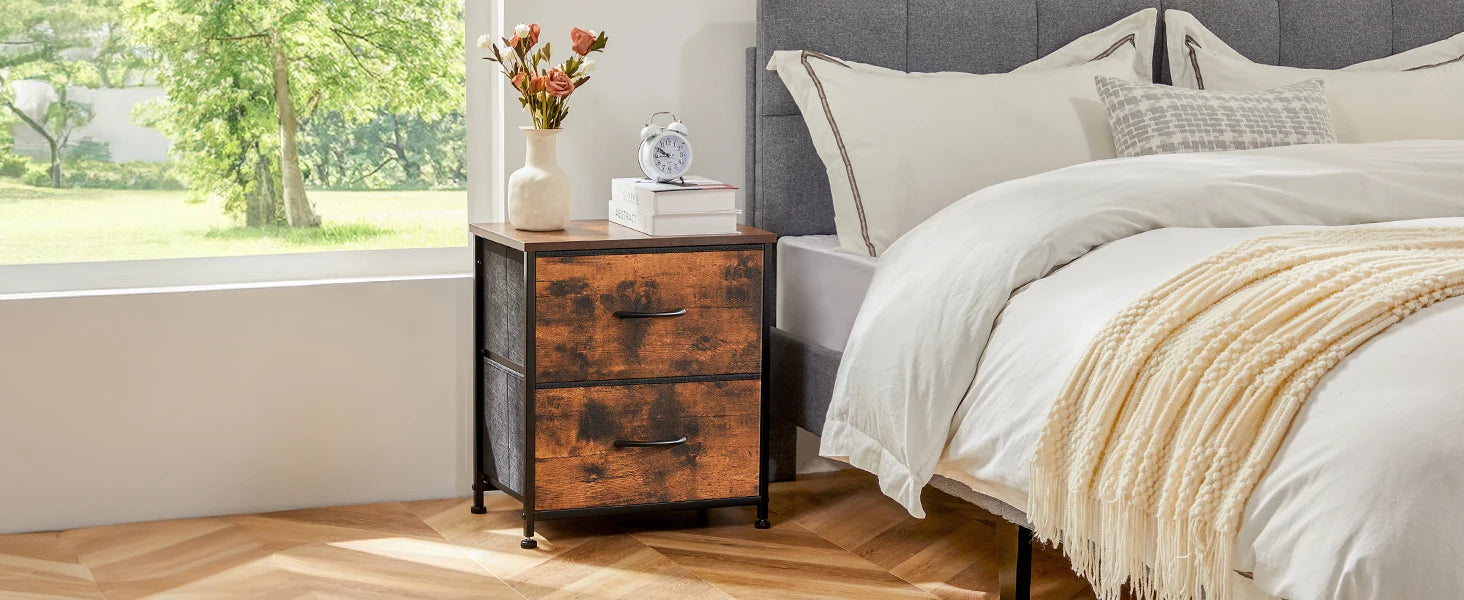 JHK Nightstand with 2 Fabric Drawers – Bedside & Coffee Table Storage Cabinet