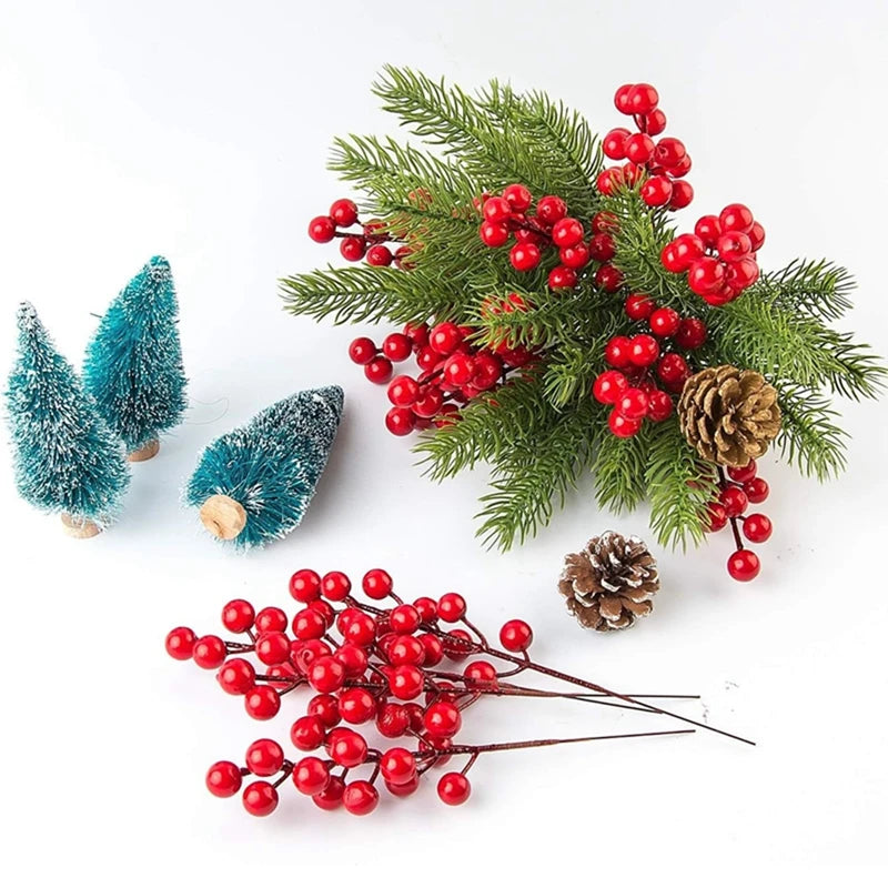 10PCS Artificial Pine Branches with Holly & Red Berries – Christmas Decorations