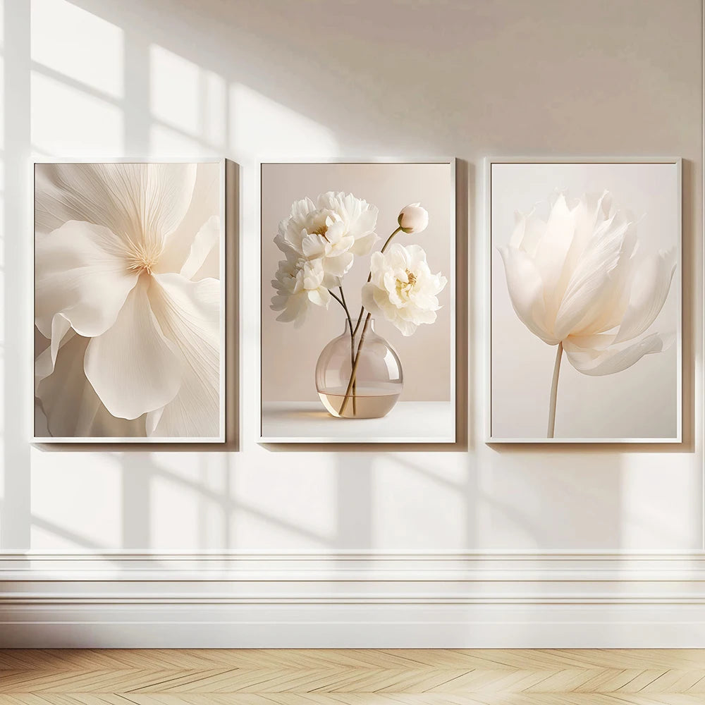 Nordic Beige Peony Canvas – Modern Floral Wall Art