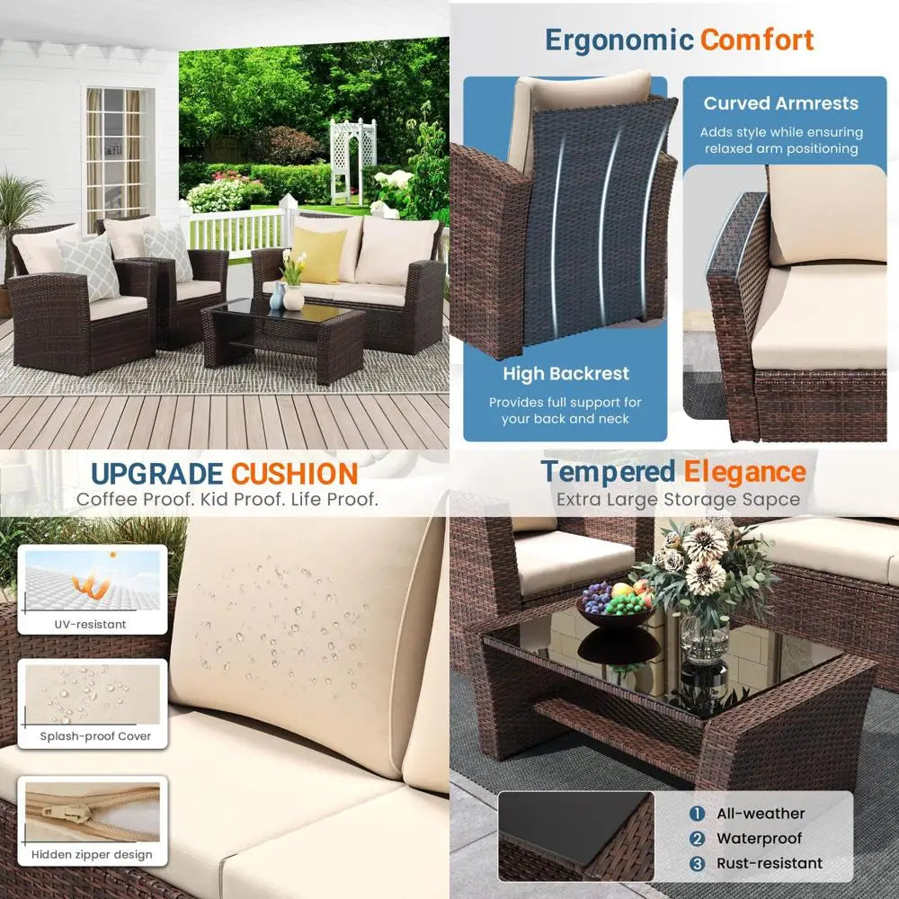 4-Piece Outdoor Wicker Patio Set – Brown Rattan Sofa with Cushions