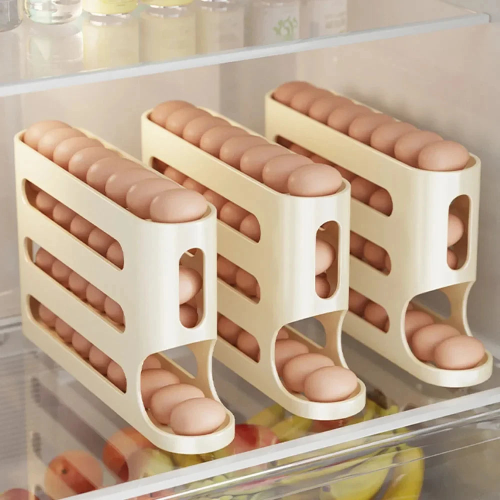 4-Layer Automatic Rolling Egg Holder – Fridge Storage Organizer