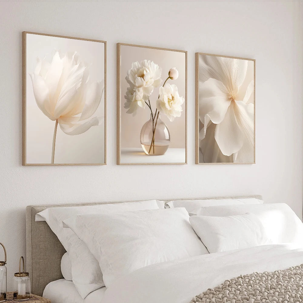 Nordic Beige Peony Canvas – Modern Floral Wall Art