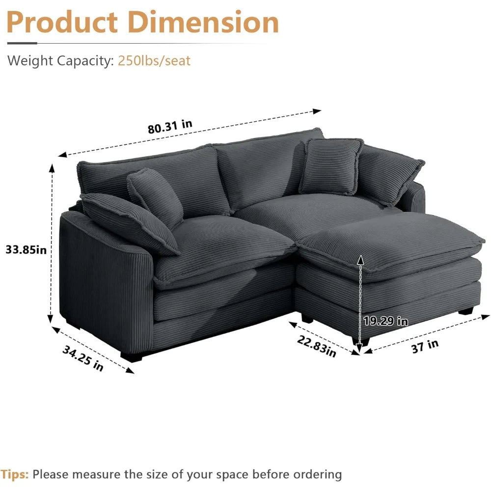 80" Oversized L-Shaped Corduroy Sectional Sofa – Modern Comfy Cloud Couch