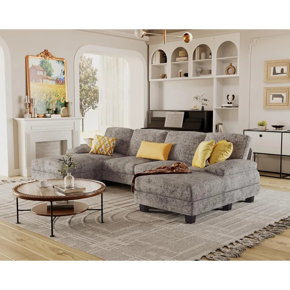 U-Shaped Linen Sectional Couch with Double Chaise