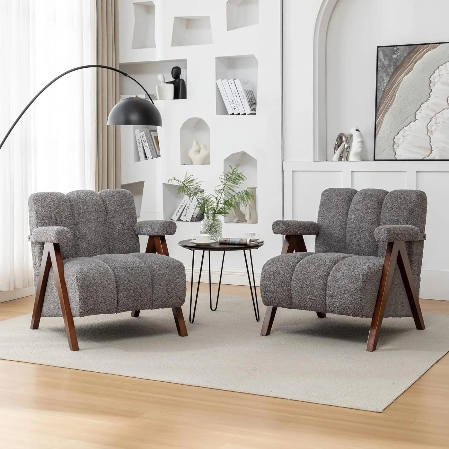 Set of 2 Mid-Century Modern Accent Chairs – Boucle Upholstered with Solid Wood Frame