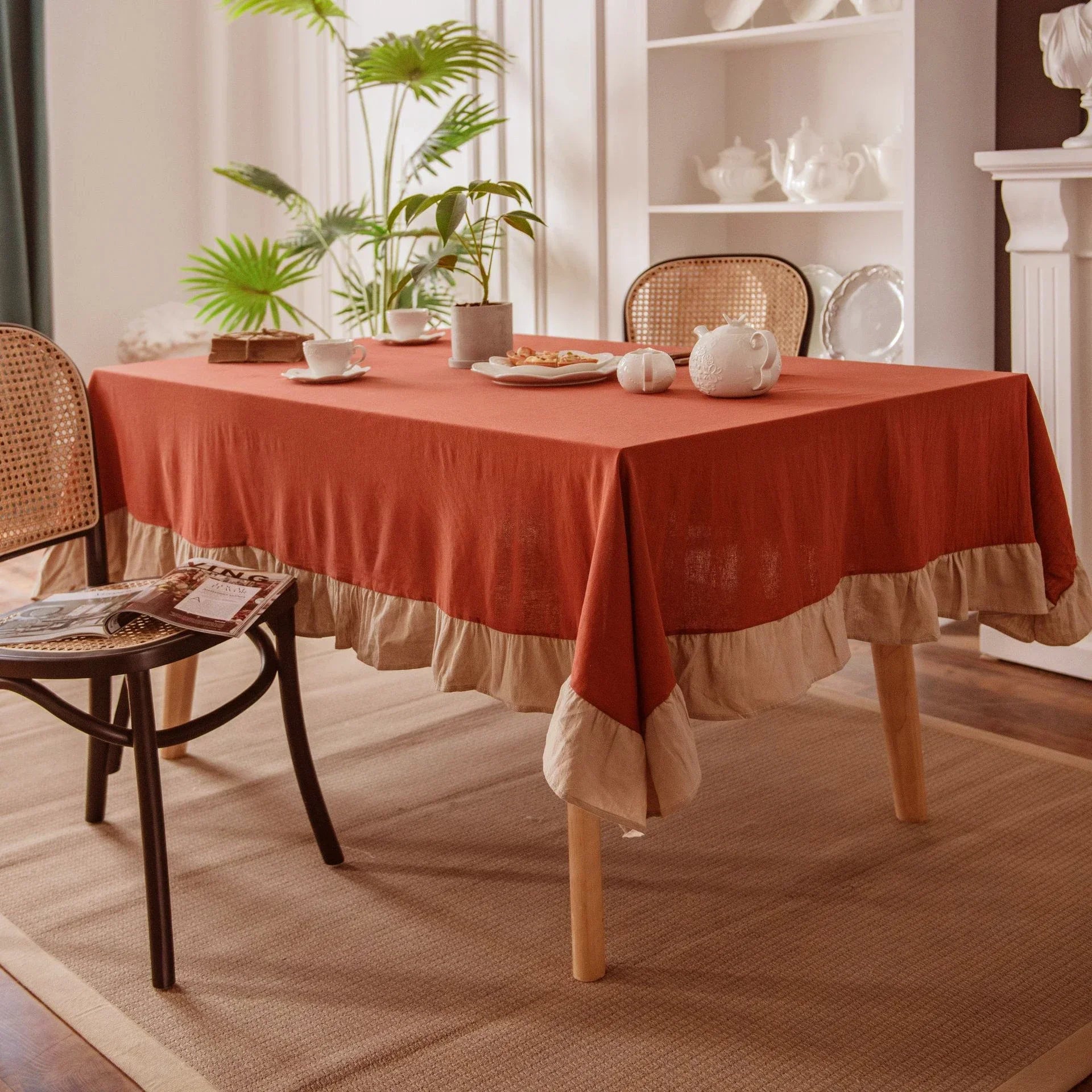 100% Cotton Washable Tablecloth – Elegant Flounce Stitching for Wedding, Party, Dining & Banquet Decoration