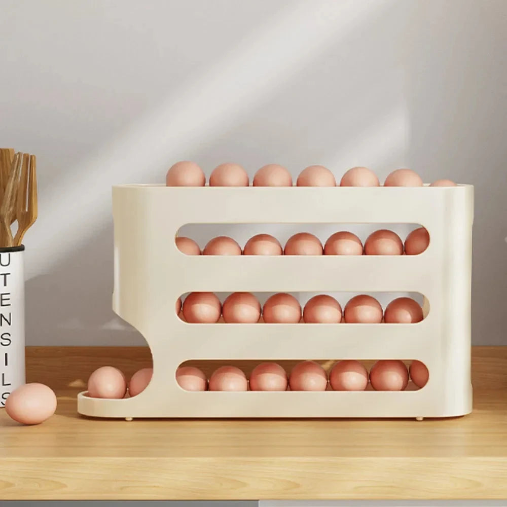4-Layer Automatic Rolling Egg Holder – Fridge Storage Organizer
