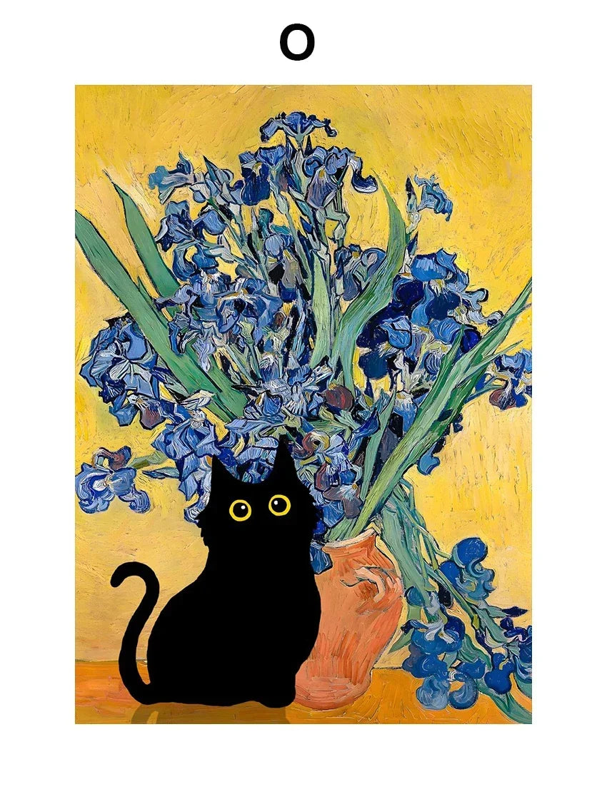 Black Cat Art Canvas Print Van Gogh Sunflowers Design