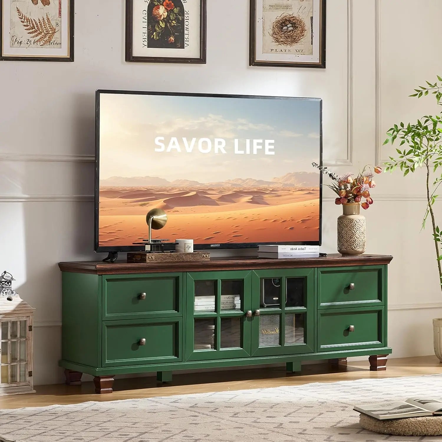 Rustic Farmhouse TV Stand – 4-Drawer Wood Entertainment Console