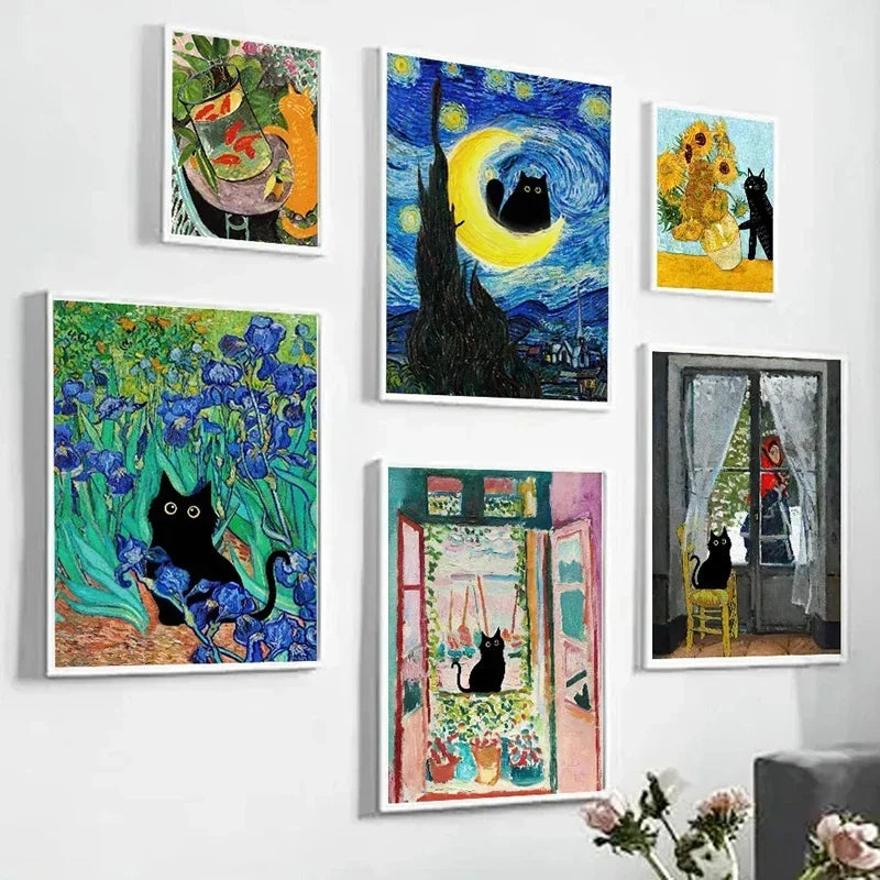 Black Cat Art Canvas Print Van Gogh Sunflowers Design