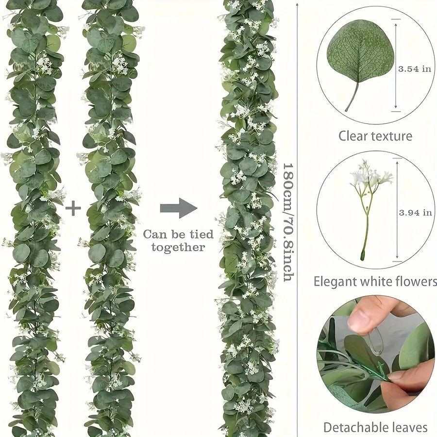 70.8" Faux Eucalyptus Garland with White Flowers – Home & Holiday Decor