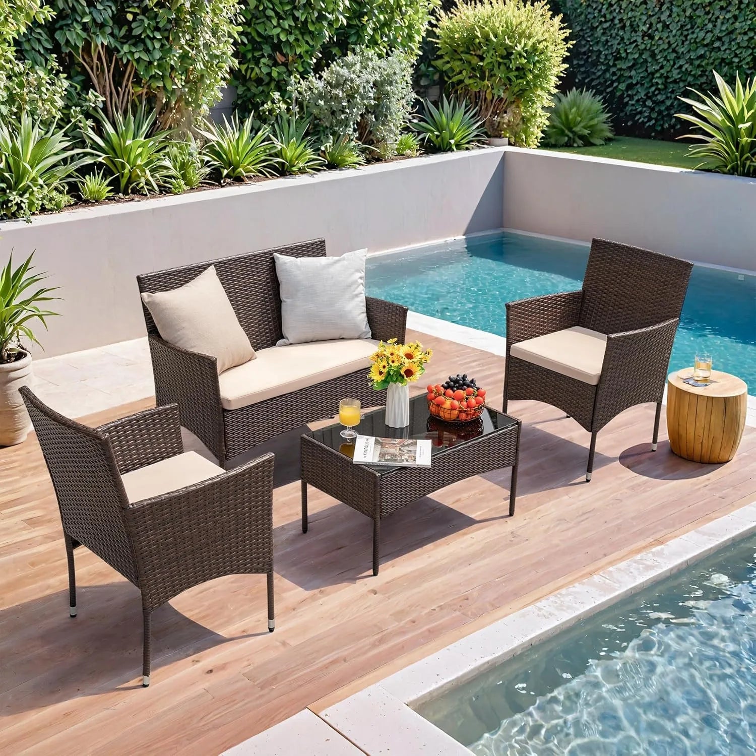 4-Piece Outdoor Rattan Furniture Set – Brown & Beige Wicker Chairs