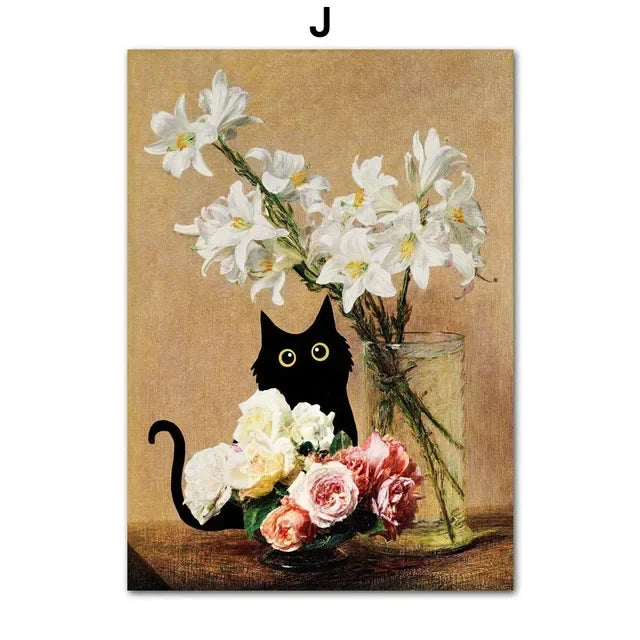 Black Cat Art Canvas Print Van Gogh Sunflowers Design
