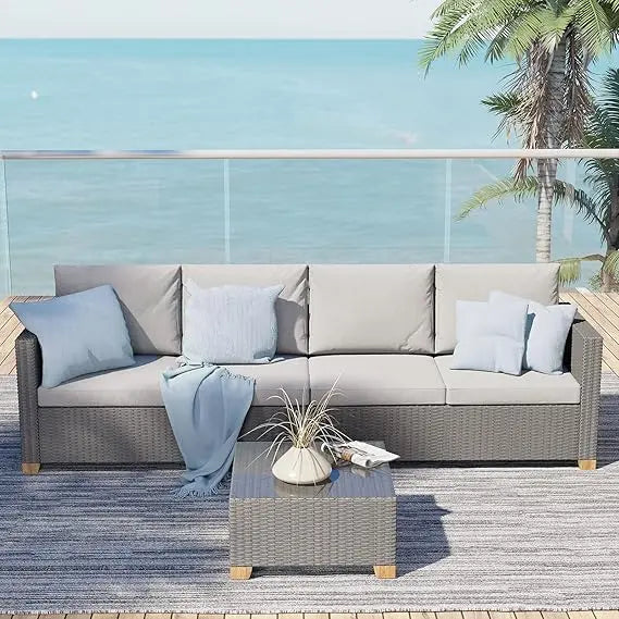 4-Piece Outdoor Wicker Patio Set – Modular Sofa with Glass Top Table