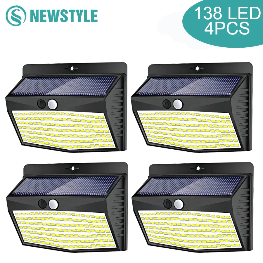 4PCS 138-LED Solar Wall Lights – Outdoor Motion Sensor Waterproof Lamps