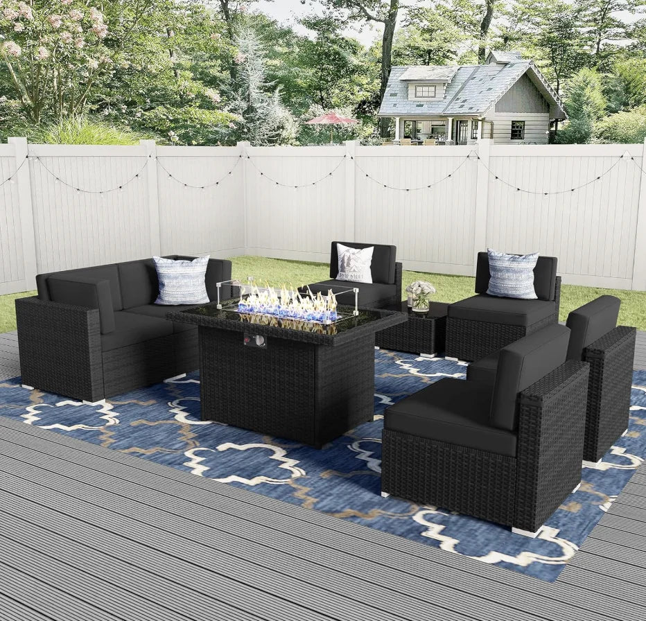 8-Piece Outdoor Patio Set – Wicker Sectional Sofa with Gas Fire Pit Table