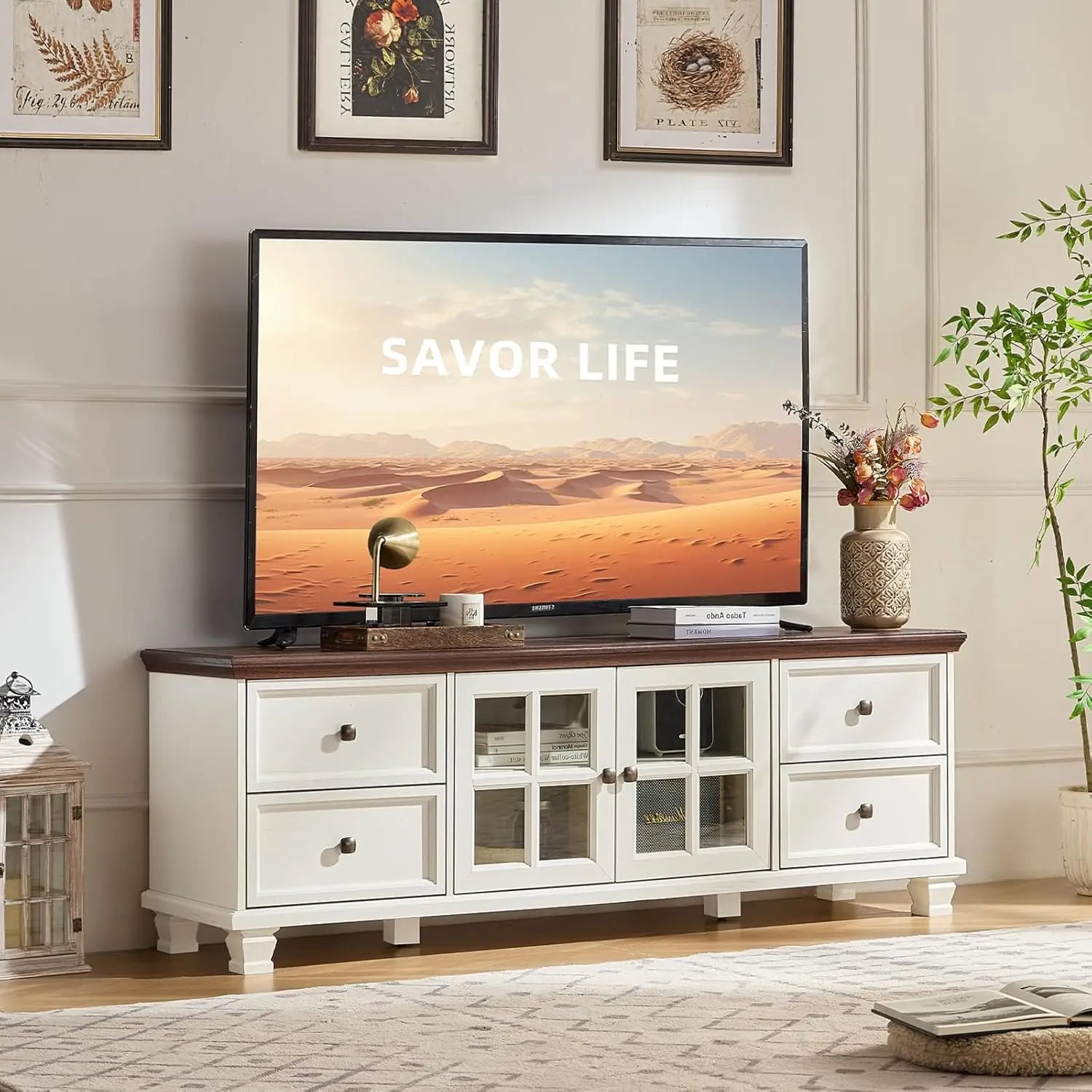 Rustic Farmhouse TV Stand – 4-Drawer Wood Entertainment Console