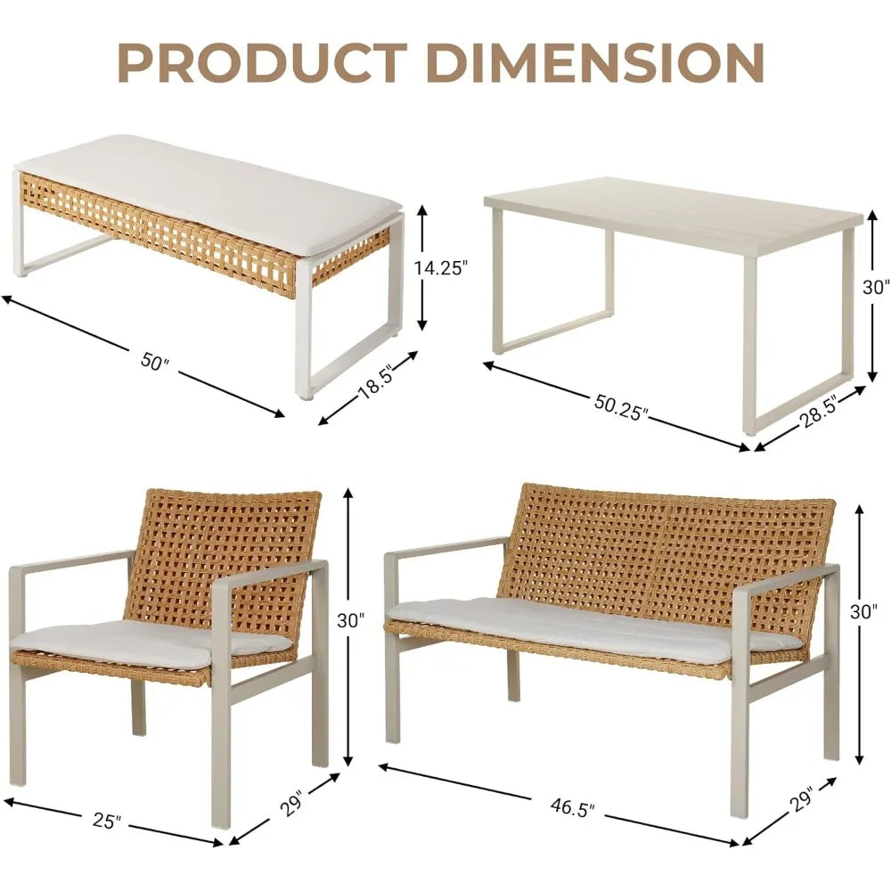 5-Piece Outdoor Wicker Dining Set – Table with 4 Chairs & Cushions