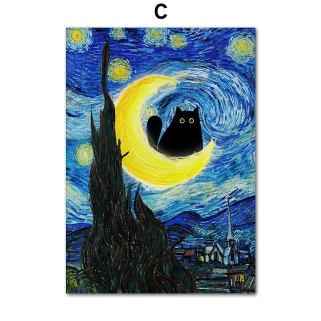 Black Cat Art Canvas Print Van Gogh Sunflowers Design