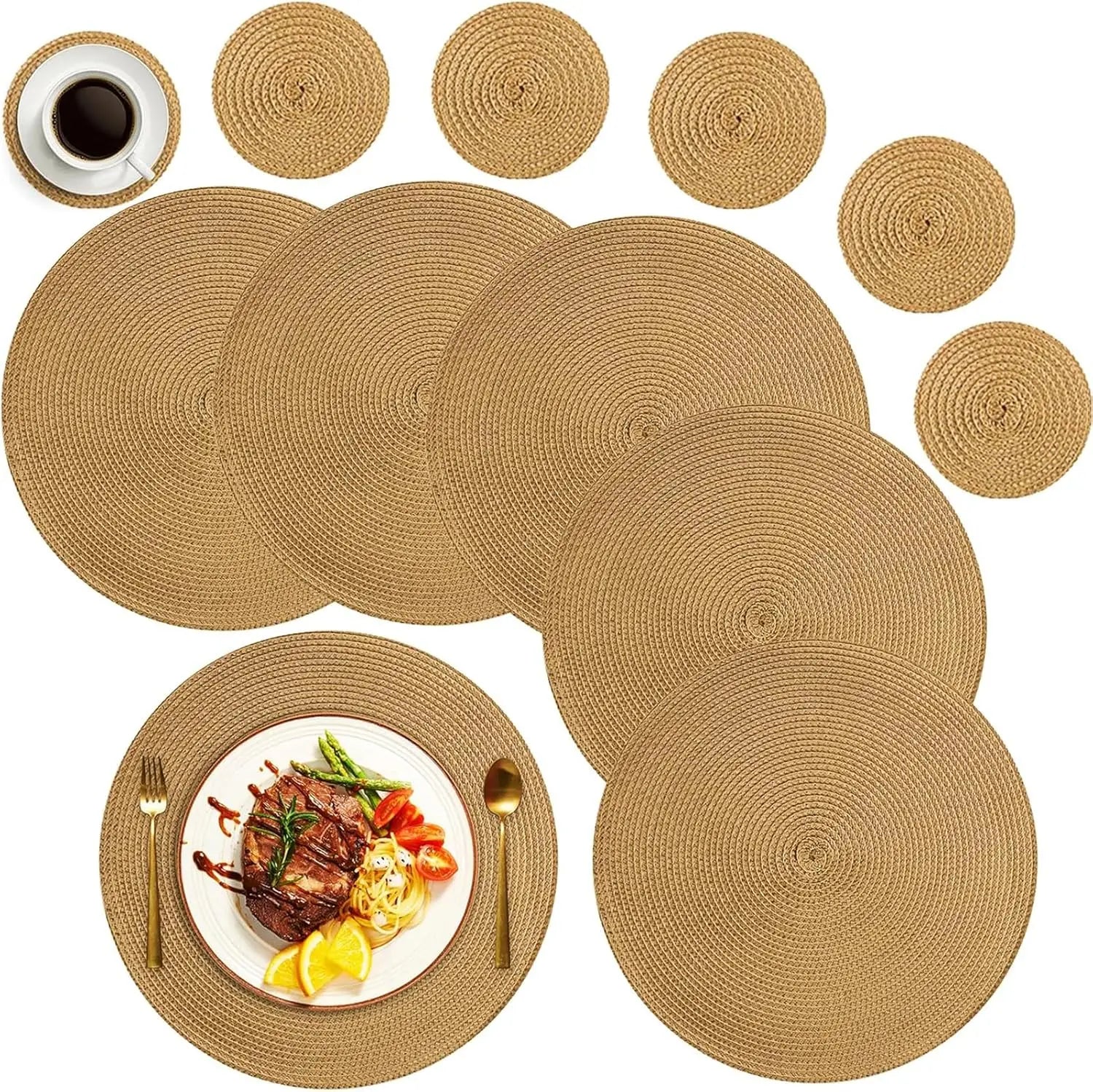 6PCS Round Table Mat & Coaster Set – Non-Slip Ramie Dining Placemats
